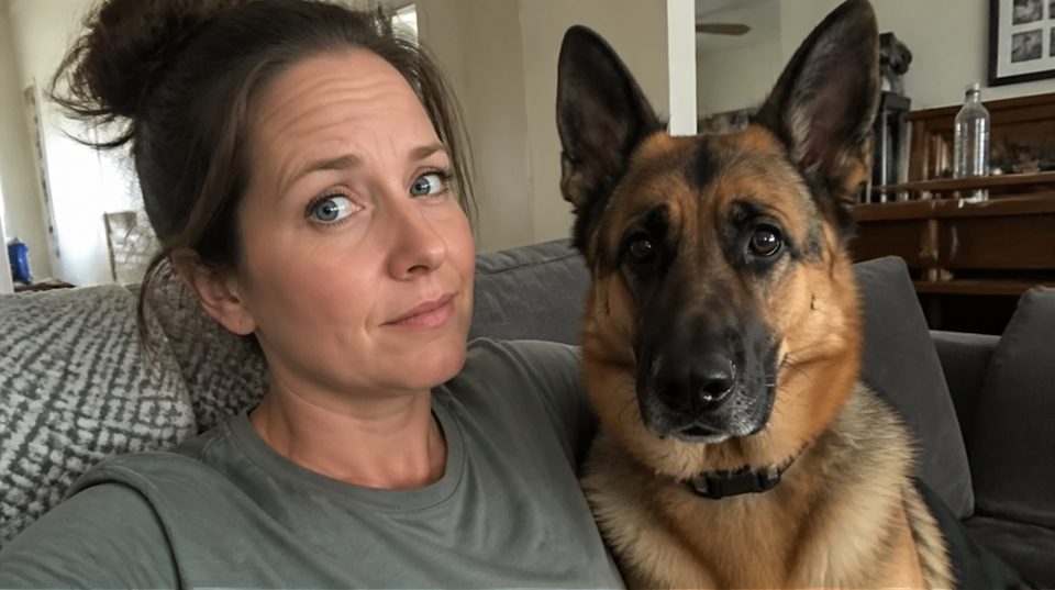 Selfie of Kate and Ruby, her German Shepherd, looking unimpressed